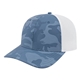 aerial view a light blue/white nylon blend camo trucker mesh back cap, image 1 of 4