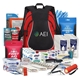 aerial view a red premium survival disaster first aid backpack, image 1 of 2