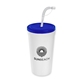 a translucent blue lid & white cup 24 oz stadium tumbler cup with flex straw and lid