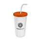 a translucent orange lid & white cup 24 oz stadium tumbler cup with flex straw and lid
