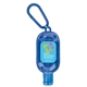 aerial view a blue 1 oz hand sanitizer with colorful case and carabiner, image 1 of 4