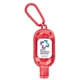 aerial view a red 1 oz hand sanitizer with colorful case and carabiner, image 1 of 3