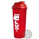 aerial view a red lid & traslucent red cup 24 oz endurance shaker tumbler with drink thru lid and whisk ball, image 1 of 3