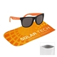 aerial view a group of rubberized sunglasses with rpet microfiber sunglass pouch, image 1 of 2