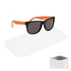 aerial view a group of rubberized sunglasses with rpet microfiber sunglass pouch, image 2 of 2