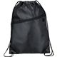 aerial view a black robin drawstring polyester bag with front zipper pocket, image 1 of 3