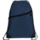 aerial view a navy robin drawstring polyester bag with front zipper pocket, image 1 of 3