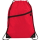 aerial view a red robin drawstring polyester bag with front zipper pocket, image 1 of 2