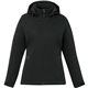 aerial view a black (995) womens bryce insulated softshell jacket with hood, image 1 of 9