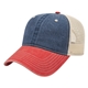 aerial view a navy/red/stone washed pigment dyed with washed trucker mesh cap, image 1 of 4