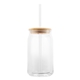 aerial view a clear 17 oz soda lime glass can with bamboo lid, image 1 of 4