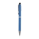 aerial view a metallic blue recycled aluminum spinner pen with stylus, image 1 of 5