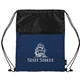 aerial view a blue rpet heather draw string bag with front zipper pocket, image 1 of 4