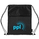 aerial view a black rpet heather draw string bag with front zipper pocket, image 1 of 4