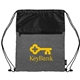 aerial view a gray rpet heather draw string bag with front zipper pocket, image 1 of 4