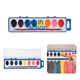 a blue and clear (box) / red (brush) / white (tray) watercolor paint set