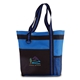 aerial view a black/royal blue functional classic polyester tote with bottle pocket, image 1 of 3