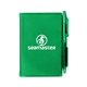 a green memo pad with integrated pen
