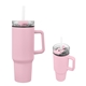 aerial view a pink 40 oz quest recycled stainless steel tumbler, image 1 of 3