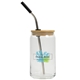 aerial view a clear 16 oz full color can glass with bamboo lid, image 1 of 2