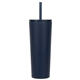 aerial view a navy blue bradford 24 oz vacuum insulated stainless steel tumbler with straw, image 1 of 2