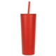 aerial view a red bradford 24 oz vacuum insulated stainless steel tumbler with straw, image 1 of 2