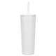 aerial view a white bradford 24 oz vacuum insulated stainless steel tumbler with straw, image 1 of 2