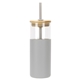 aerial view a gray stirling 18 oz glass tumbler with silicone sleeve pp straw, image 1 of 2