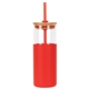 aerial view a red stirling 18 oz glass tumbler with silicone sleeve pp straw, image 1 of 2
