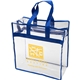a clear with blue handles and trim clear pvc zipper tote