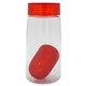 aerial view a red clear view 18 oz recycled bottle with floating infuser, image 1 of 2