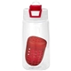 aerial view a red two tone pop up 18 oz recycled bottle with floating infuser, image 1 of 2