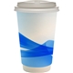 aerial view a blue 16 oz full color groovy paper cup with lid, image 1 of 2