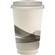 aerial view a gray 16 oz full color groovy paper cup with lid, image 1 of 2