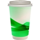 aerial view a green 16 oz full color groovy paper cup with lid, image 1 of 2