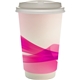 aerial view a pink 16 oz full color groovy paper cup with lid, image 1 of 2