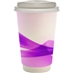 aerial view a purple 16 oz full color groovy paper cup with lid, image 1 of 2
