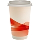 aerial view a red 16 oz full color groovy paper cup with lid, image 1 of 2