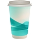 aerial view a teal 16 oz full color groovy paper cup with lid, image 1 of 2
