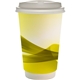 aerial view a yellow 16 oz full color groovy paper cup with lid, image 1 of 2