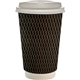 aerial view a black 16 oz full color wave paper cup with lid, image 1 of 2