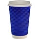 aerial view a blue 16 oz full color wave paper cup with lid, image 1 of 2