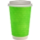 aerial view a green 16 oz full color wave paper cup with lid, image 1 of 2