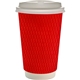 aerial view a red 16 oz full color wave paper cup with lid, image 1 of 2
