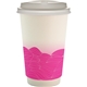 aerial view a pink 16 oz full color turbulent waves paper cup with lid, image 1 of 2
