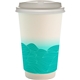 aerial view a teal 16 oz full color turbulent waves paper cup with lid, image 1 of 2