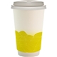 aerial view a yellow 16 oz full color turbulent waves paper cup with lid, image 1 of 2