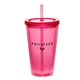 a pink 16 oz double wall cup with straw