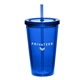 a blue 16 oz double wall cup with straw