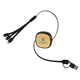 aerial view a bamboo/black bamboo retractable 3- in -1 charging cable with dual inputs, image 1 of 5